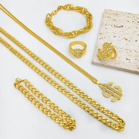 Hip Hop Dollar Sign Necklace For Men Women Iced Out Rhinestone Pendant Gold Tone Chain Ring Bracelet Set For Street Rock Party