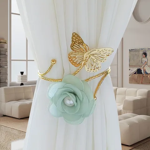 Fashion Metal Butterfly Armband Curtain Tieback No Drill Pearl Fabric Flower Home Window Decorative Drapes Buckle Tieback Holder
