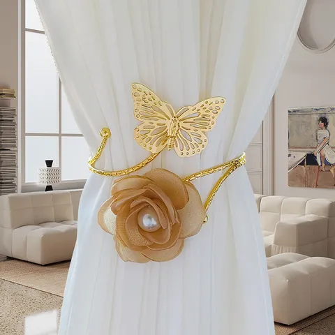 Fashion Metal Butterfly Armband Curtain Tieback No Drill Pearl Fabric Flower Home Window Decorative Drapes Buckle Tieback Holder