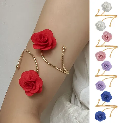 Exaggerated Metal Open Cuff Bracelet For Women Hollow Out Adjustable Arm Cuff Multi Color Fabric Flower Statement Jewelry