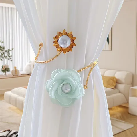 Alloy Fabric Flower Curtain Tiebacks With Artificial Pearl Decoration Color-Preserving Electroplated Adjustable Open Hoop Curtain Clip For Home Living Room Bedroom Decor