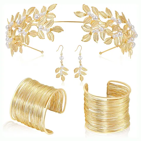 Set di Gioielli da Sposa con Foglie Dorate e Perle Artificiali Barocche Elegante Cerchietto con Foglie Orecchini Bracciale per Matrimonio Festa Donna