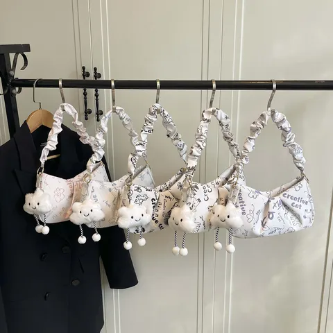 Sac Axillaire Décontracté en Tissu Oxford Mode Tendance Graffiti Tote Main Avec Pendentif Nuage Pour Femmes Utilisation Quotidienne