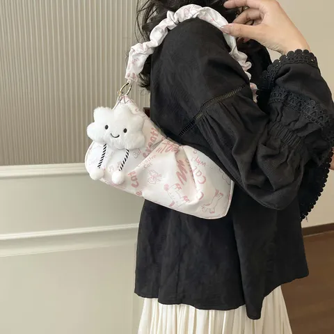 Sac Axillaire Décontracté en Tissu Oxford Mode Tendance Graffiti Tote Main Avec Pendentif Nuage Pour Femmes Utilisation Quotidienne