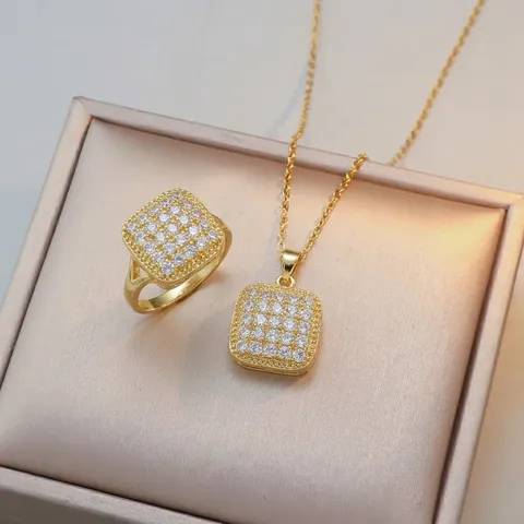 Minimalist Titanium Steel Rotatable Square Pendant Necklace Ring Jewelry Set Gold Plated Rhinestone Clavicle Chain For Women Daily Decoration