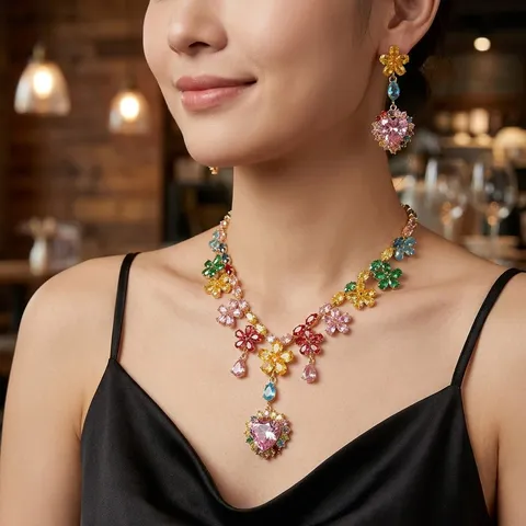 Fashion Zirconia Necklace Earrings Collection Heart Butterfly Flower Pendant Clavicle Chain For Women Copper Gold Plated Jewelry