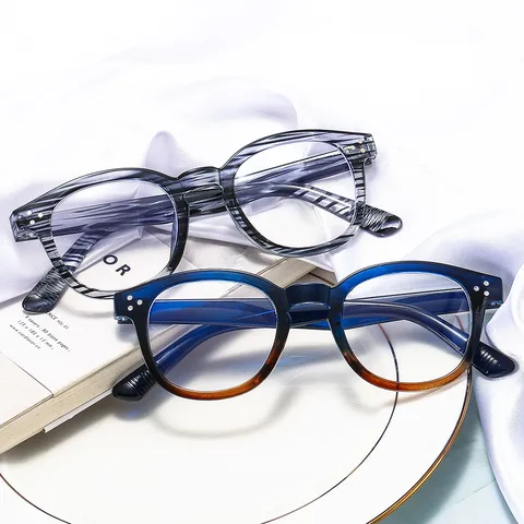 Gafas Anti-Luz Azul De Montura Redonda Retro Para Mujeres Hombres Color Gelatina Rayado Montura De Gafas De Moda Con Clavos De Arroz De Metal