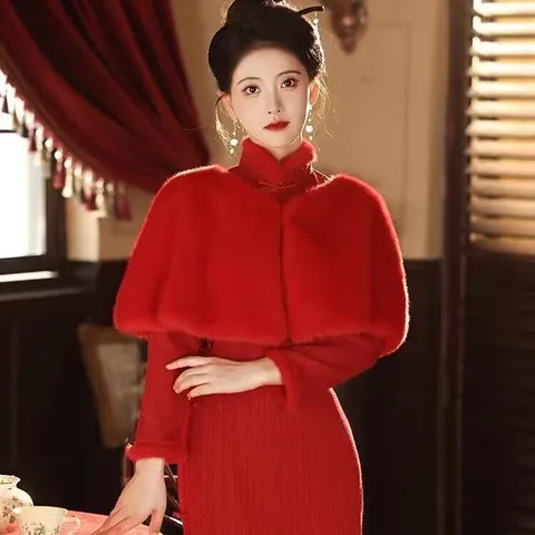 Elegante Chal Cálido Engrosado de Piel Artificial de Poliéster para Mujer Invierno Banquete Boda Color Sólido Jacquard Capa