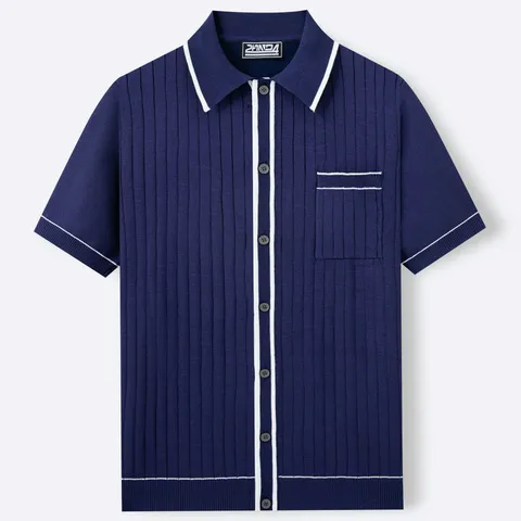 Men's Casual Short Sleeve Knitted Polo Shirt Contrast Piping Ribbed Cardigan Knitwear Button Down Top For Summer Business