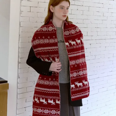 Vintage Fair Isle Double Sided Elk Snowflake Jacquard Knitted Scarf For Women Winter Warm Windproof Casual Fashion Shawl