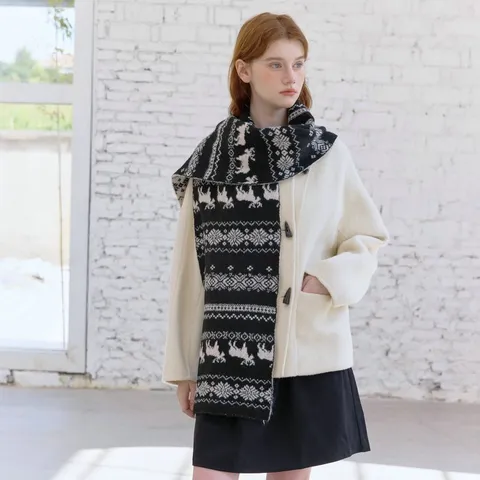 Vintage Fair Isle Double Sided Elk Snowflake Jacquard Knitted Scarf For Women Winter Warm Windproof Casual Fashion Shawl