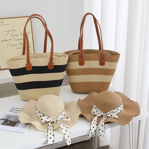 Women Summer Straw Woven Beach Hat And Tote Bag Set Casual Vacation Sun Protection Straw Hat Large Capacity Shoulder Bag