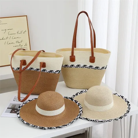 Handwoven Straw Woven Bag And Hat Set Women Large Capacity Beach Tote Bag Summer Vacation Sun Shade Straw Hat Set