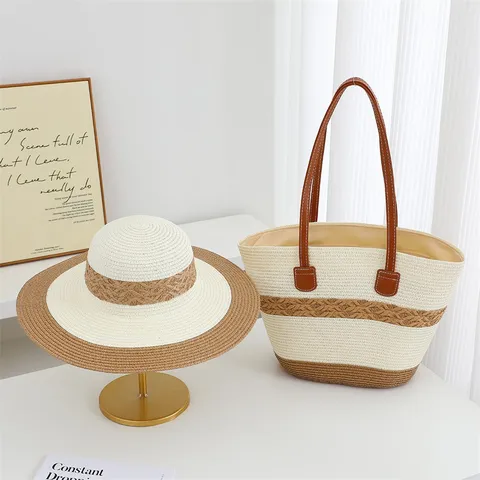 Damen Sommer Strohhut Und Tote Bag Set Große Krempe Sonnenhut Kontrast Geflochtene Strandtasche Reise Strohtasche Set