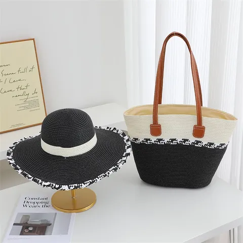 Handwoven Straw Woven Bag And Hat Set Women Large Capacity Beach Tote Bag Summer Vacation Sun Shade Straw Hat Set