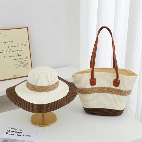Damen Sommer Strohhut Und Tote Bag Set Große Krempe Sonnenhut Kontrast Geflochtene Strandtasche Reise Strohtasche Set
