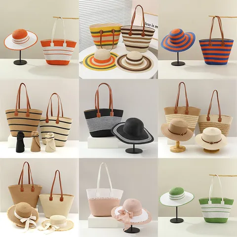 Conjunto de Sombrero de Paja y Bolso Tote para Mujer Gran Capacidad Vacaciones de Playa Verano Viaje Casual Sombrero de Sol Bolso Tote