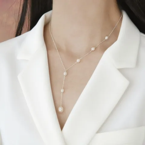 Collana Geometrica a Forma di Y in Acciaio Inossidabile con Perle d'Acqua Dolce per Donna Gioielli alla Moda di Alta Qualità