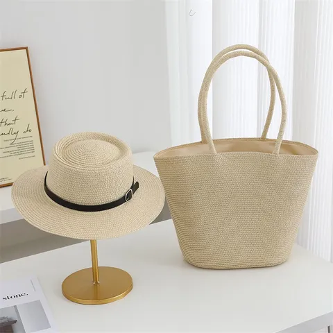 Bolso de Hombro Tejido de Paja para Mujer Combinacion Sombrero Color Solido Playa Vacaciones Tote Ala Ancha Proteccion Sol Sombrero de Paja Bolso de Gran Capacidad