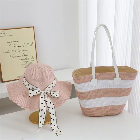Women Summer Straw Woven Beach Hat And Tote Bag Set Casual Vacation Sun Protection Straw Hat Large Capacity Shoulder Bag