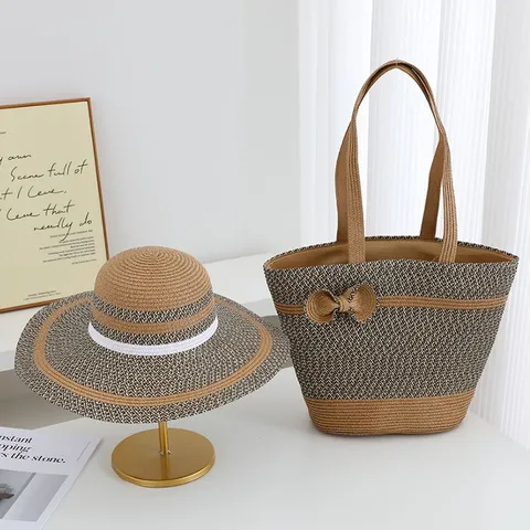 Summer Women Straw Sun Hat And Large Capacity Beach Vacation Tote Bag Set Casual Woven Sunhat Straw Bag
