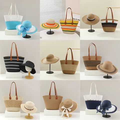 Conjunto de Sombrero de Paja y Bolso Tote para Mujer Gran Capacidad Vacaciones de Playa Verano Viaje Casual Sombrero de Sol Bolso Tote