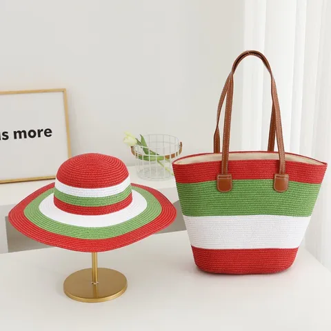 Women Straw Sun Hat And Large Capacity Tote Bag Set Summer Beach Vacation Woven Straw Hat Travel Handbag
