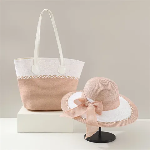 Women Straw Sun Hat And Beach Tote Bag Set Wide Brim Summer Vacation Bowknot Straw Hat Handbag Set