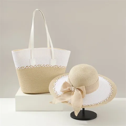 Women Straw Sun Hat And Beach Tote Bag Set Wide Brim Summer Vacation Bowknot Straw Hat Handbag Set