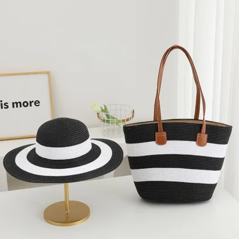 Women Straw Sun Hat And Large Capacity Tote Bag Set Summer Beach Vacation Woven Straw Hat Travel Handbag