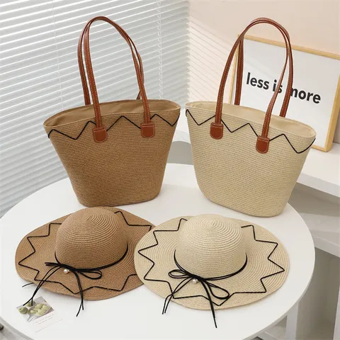 Sommer Damen Strohhut und Tragetaschen Set Breite Krempe Sonnenschutz Strandurlaub Handgewebte Strohtasche Mit Schleife Perle
