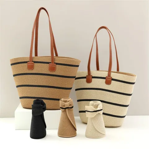 Set Cappello da Sole in Paglia da Donna e Borsa Tote Tessuta Viaggio Spiaggia
