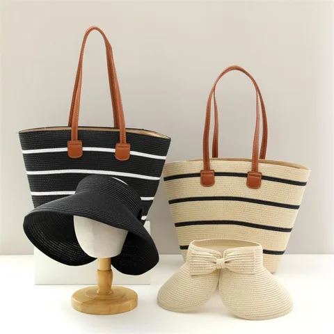 Set Cappello da Sole in Paglia da Donna e Borsa Tote Tessuta Viaggio Spiaggia