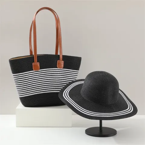 French Pastoral Straw Hat Tote Bag Set Women Summer Large Capacity Striped Beach Shoulder Bag Sun Hat Fashion Accessories