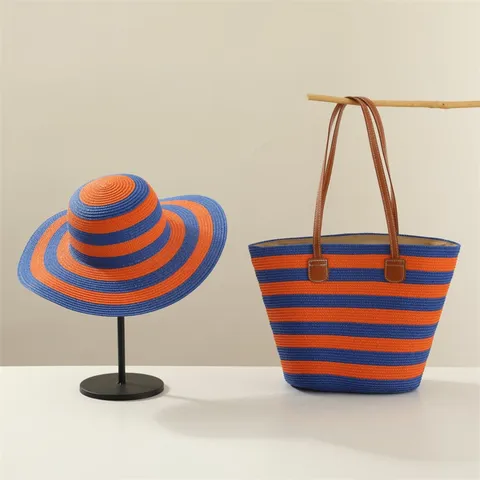 Conjunto de Sombrero de Paja de Playa de Verano para Mujer y Bolso Tote de Gran Capacidad A Rayas Protección Solar Viaje
