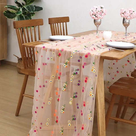 Sheer Mesh Table Runner Colorful Floral Daisy Embroidery Pastoral Decorative Tablecloth For Dining Room Home Party Decor
