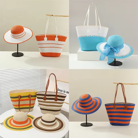 Sommer Stroh Gewebte Tote Tasche Und Breite Krempe Sonnenhut Set Strand Urlaub Gestreift Damen Strohsack Hut Set