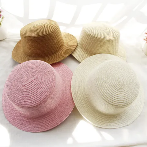 Summer Minimalist Paper Straw Flat Top Boater Hat Solid Color Sun Protection Beach Hat For Women Men Kids