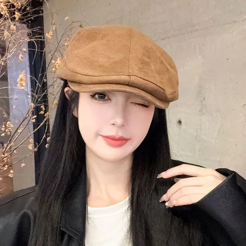 Women Suede Newsboy Cap Vintage Solid Color Flat Cap Autumn Winter Casual Beret Painter Hat Fashion Accessories