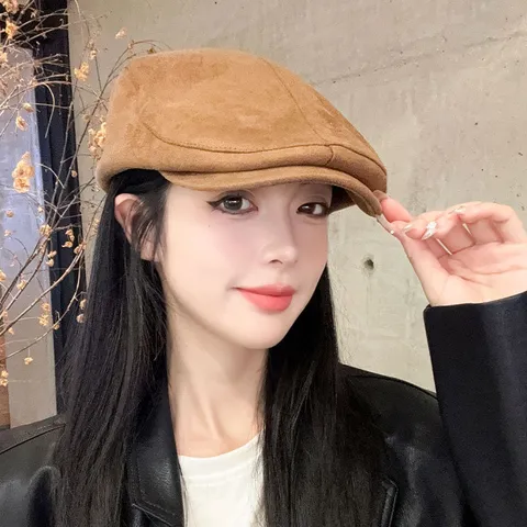 Women Suede Newsboy Cap Vintage Solid Color Flat Cap Autumn Winter Casual Beret Painter Hat Fashion Accessories