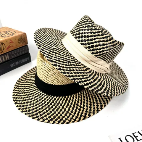 French British Style Color Block Dented Top Straw Hat Women Summer Travel Sunshade Jazz Hat Fashion Versatile Beach Fedora
