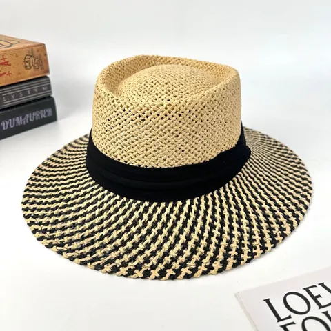 French British Style Color Block Dented Top Straw Hat Women Summer Travel Sunshade Jazz Hat Fashion Versatile Beach Fedora