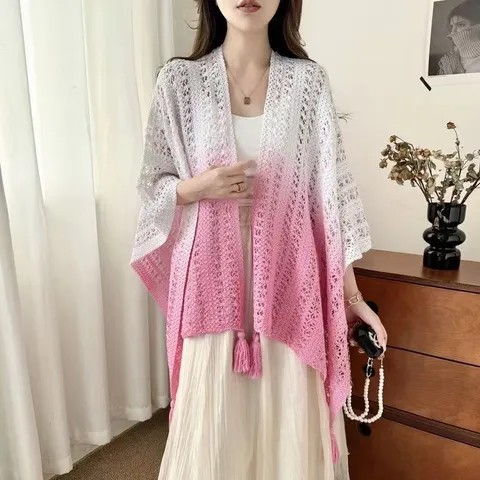 Women's Bohemian Gradient Lace Hollow Out Shawl Lightweight Sun Protection Cape Tassel Beach Scarf Outerwear