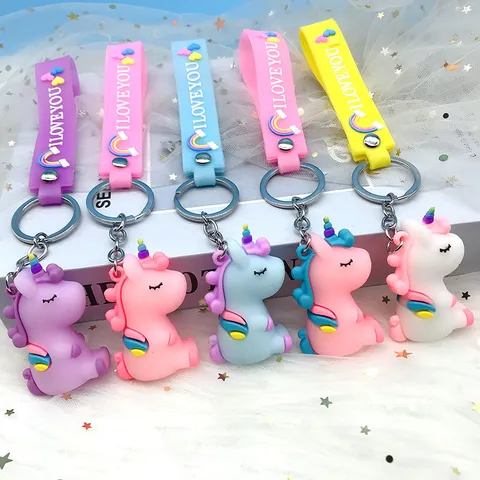 Schattige Cartoon Eenhoorn Regenboogtouw Sleutelhanger PVC Zittende Eenhoorn Tas Bedeltje Auto Sleutelring Hanger Voor Vrouwen Meisjes Cadeau