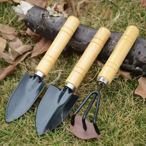 Mini Garden Tool Kit Wood Handle Iron Shovel Rake Spade For Indoor Potted Plants Succulents Planting Soil Loosening Tools