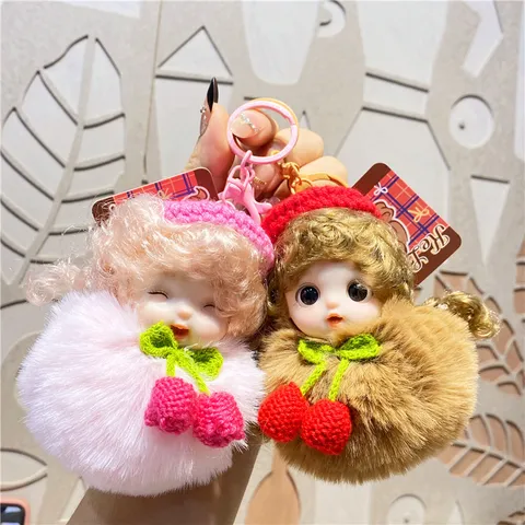 Schattige Slapende Prinses Pluche Pompon Sleutelhanger Cartoon Prinses Haarbal Pop Tashanger Met Gestrickte Kers Sleutelring Decoratieve Charm Voor Vrouwen Meisjes