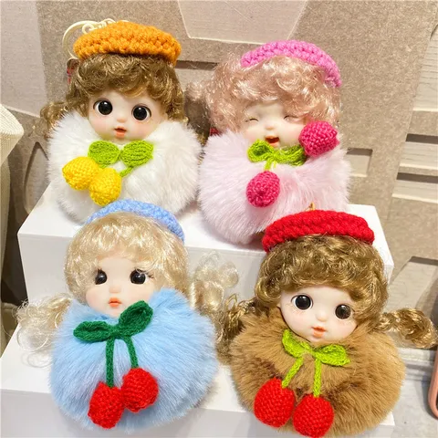 Schattige Slapende Prinses Pluche Pompon Sleutelhanger Cartoon Prinses Haarbal Pop Tashanger Met Gestrickte Kers Sleutelring Decoratieve Charm Voor Vrouwen Meisjes