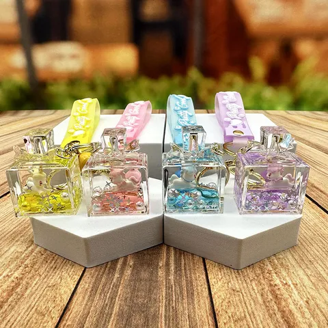 Cute Cartoon Unicorn Liquid Quicksand Perfume Bottle Keychain Pendant Acrylic Glitter Drift Bottle Bag Charm Key Ring For Women Girls Gift