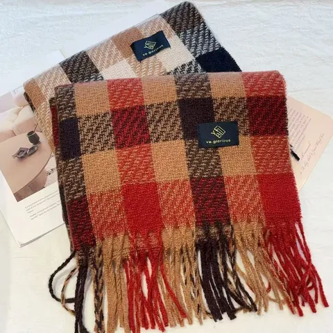 Classic Plaid Scarf Women Winter Thickened Warm Tassel Shawl Soft Polyester Neck Warmer Casual Fashion Long Scarf