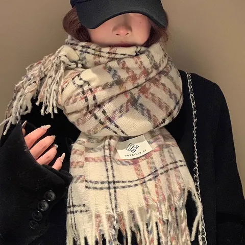 Winter Warme Imitatie Kasjmier Sjaal Voor Vrouwen Klassieke Ruit Kwastje Lange Sjaal Zachte Casual Dagelijkse Nek Sjaal